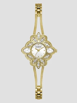Goldfarbene Analoguhr mit Blumenmotiv