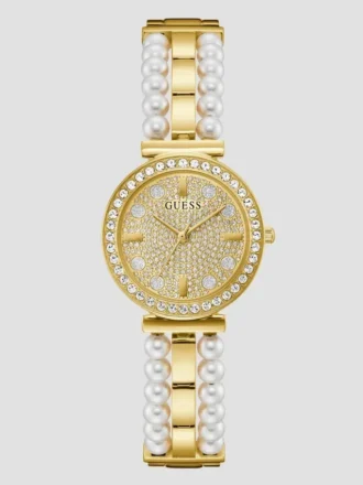 Goldfarbene Analoguhr mit Diamanten und Perlen